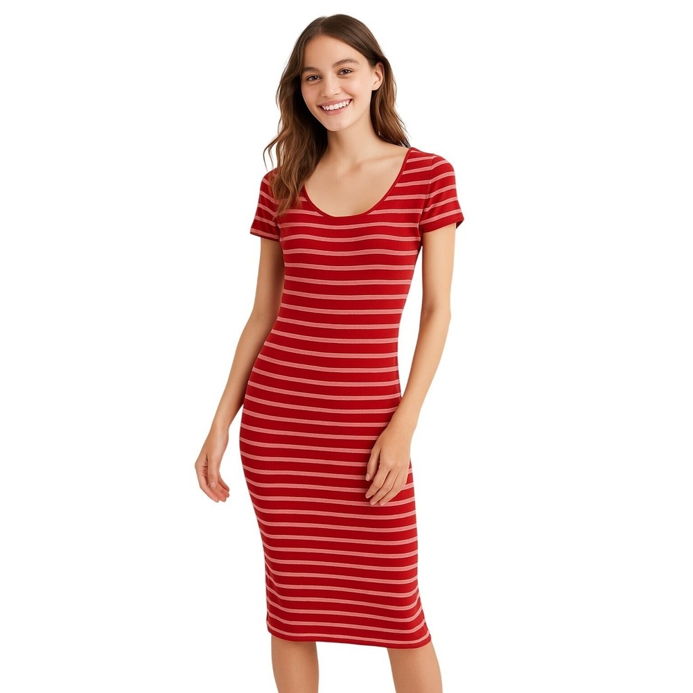 Absolutely Love It Dress S Red White Stripe Pullover Bodycon Stretchy Casual NEW